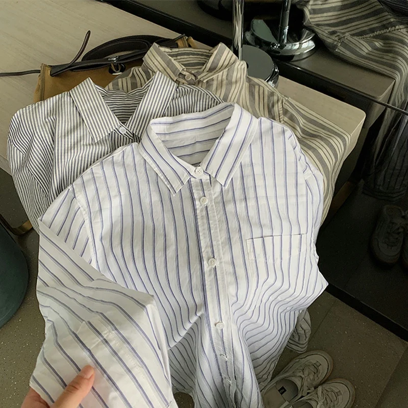 

Повседневная женская рубашка в полоску свободного кроя, весенне-осенний топ в корейском стиле, прямой крой, с длинным рукавом, на пуговицах