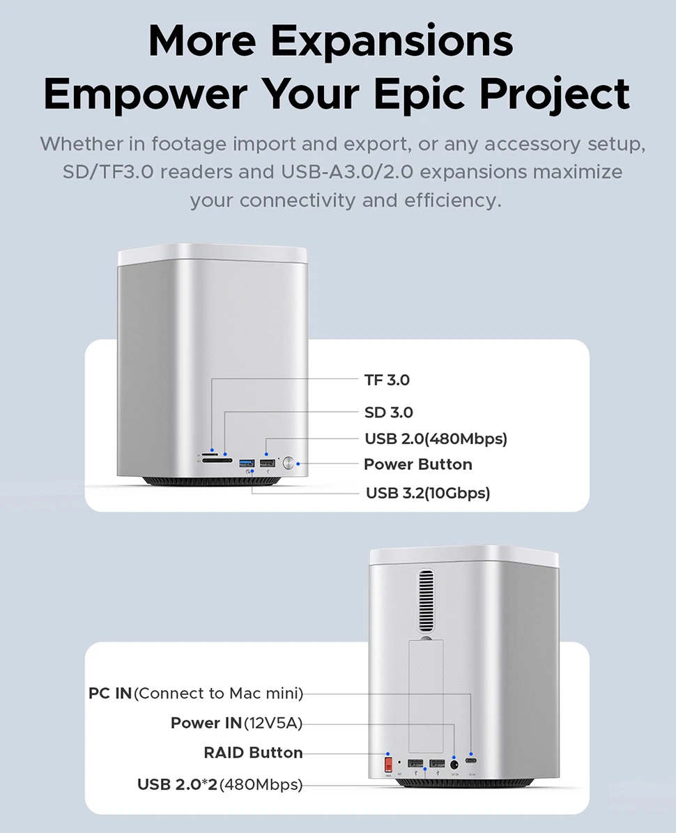 ORICO Mini Tower Dock M.2 NVMe SATA SSD Case 3.5"HDD Enclosure USB 3.2 Hub 10Gbps DAS Docking Station with RAID for Mac Mini M4