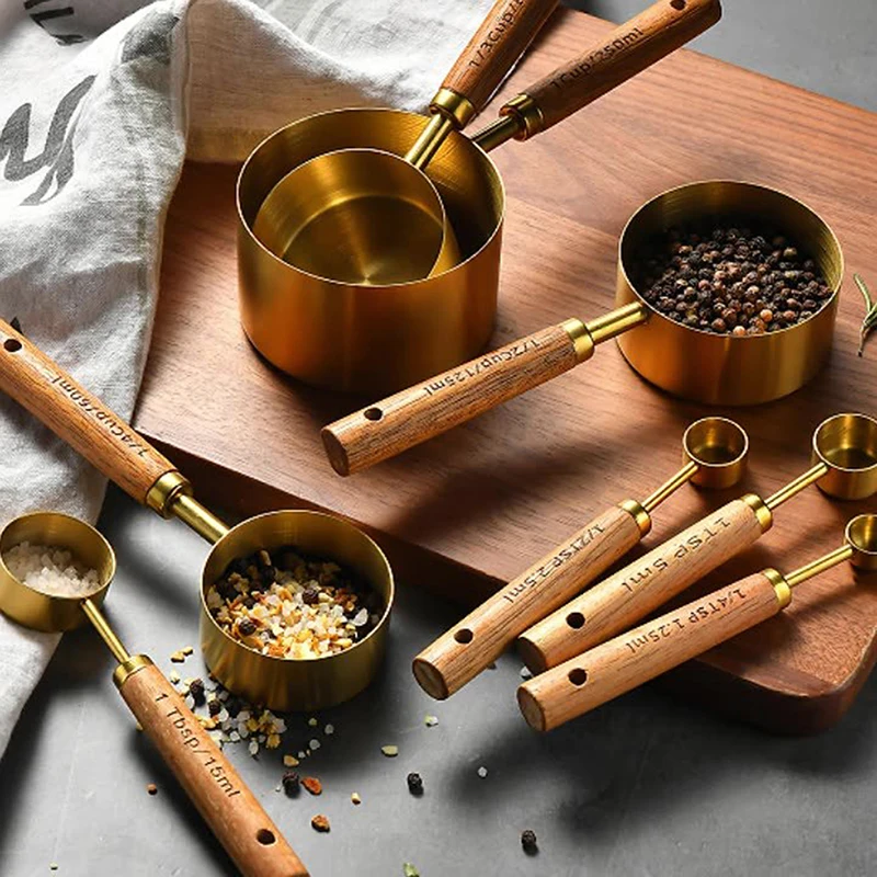 

Gold Wooden Handle Stainless Steel Measuring Cups Spoons Baking Tools Coffee Measuring Spoon Set Bartending Scale Accessories