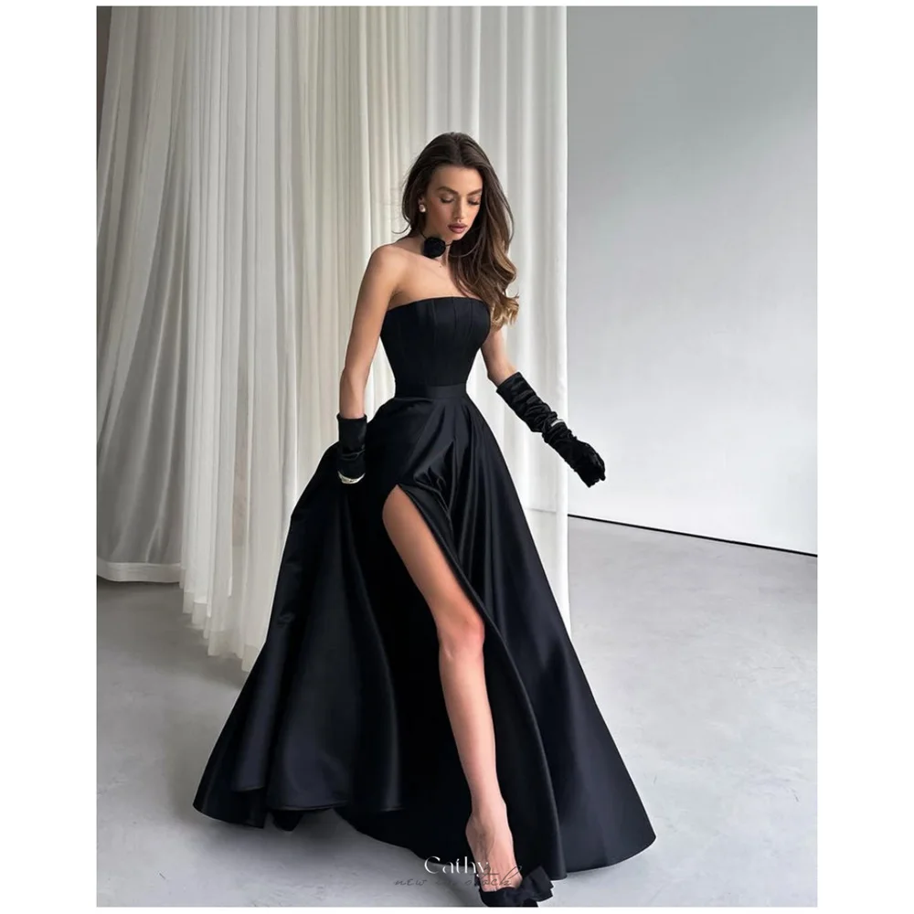 

Cathy Customized Black Strapless Side High Split Prom Dresses A-Line Lace-Up vestidos de noiva Detachable Sleeves Formal Evening
