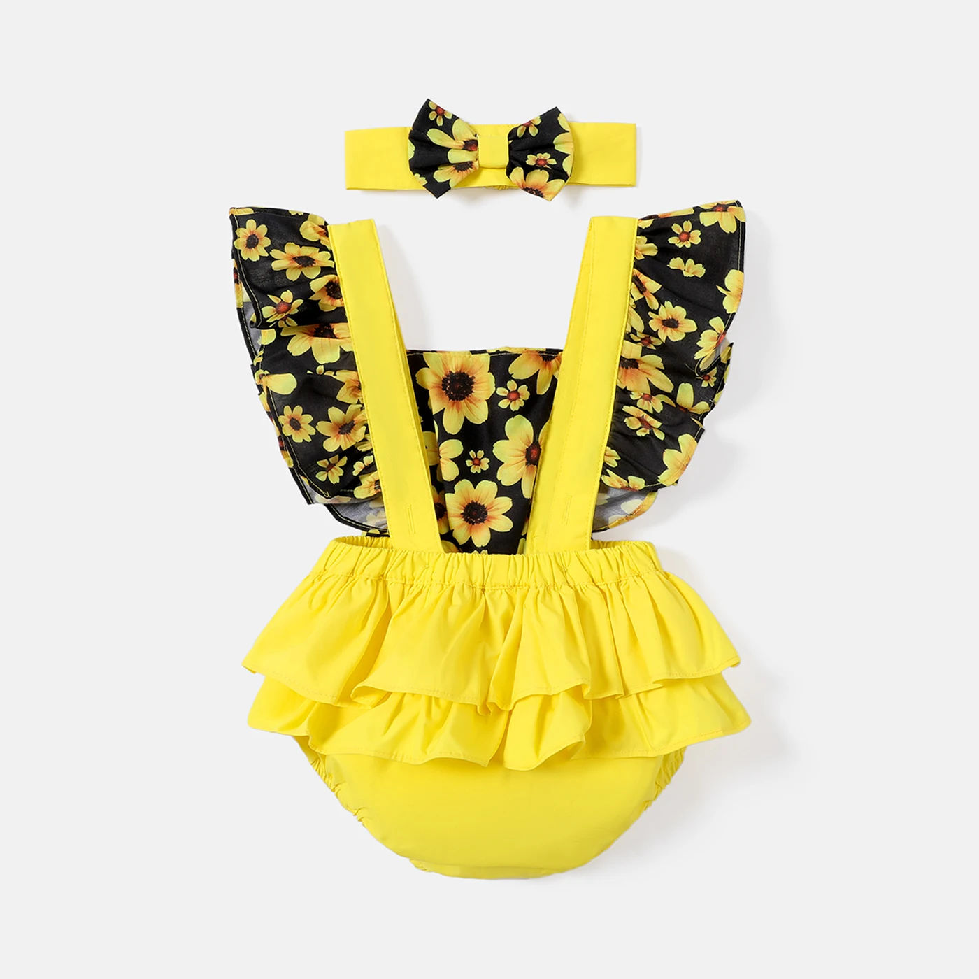 PatPat 2pcs Baby Girl 100% Cotton Solid & Sunflower-print Spliced Layered Ruffle Trim Romper & Headband Set