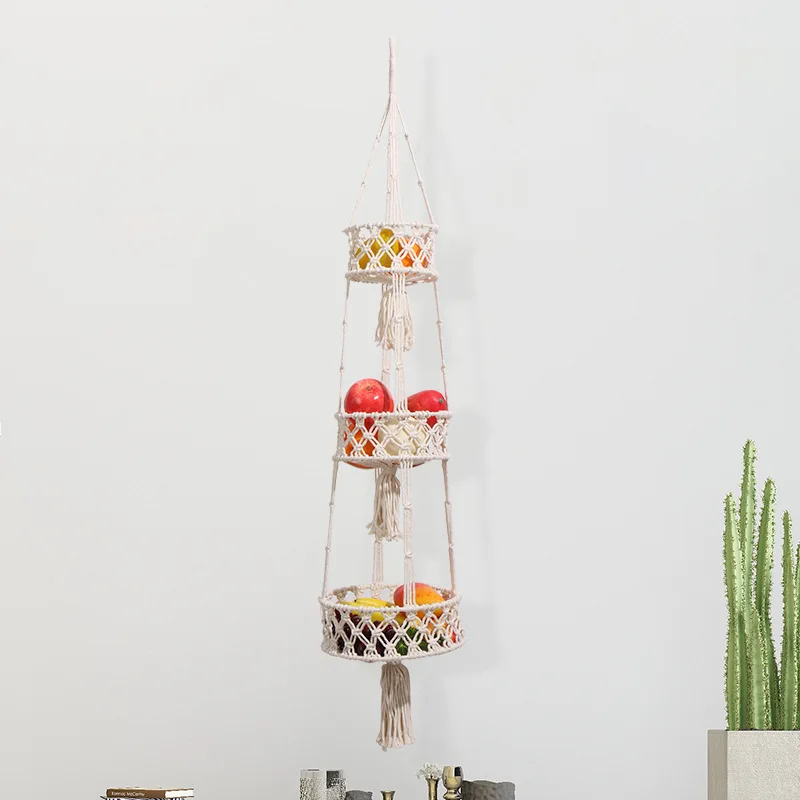 3-Tier Macrame Hanging Basket Set, Boho Cotton Woven Fruit & Flower Pot Holder, Nordic Style Kitchen Storage Organizer