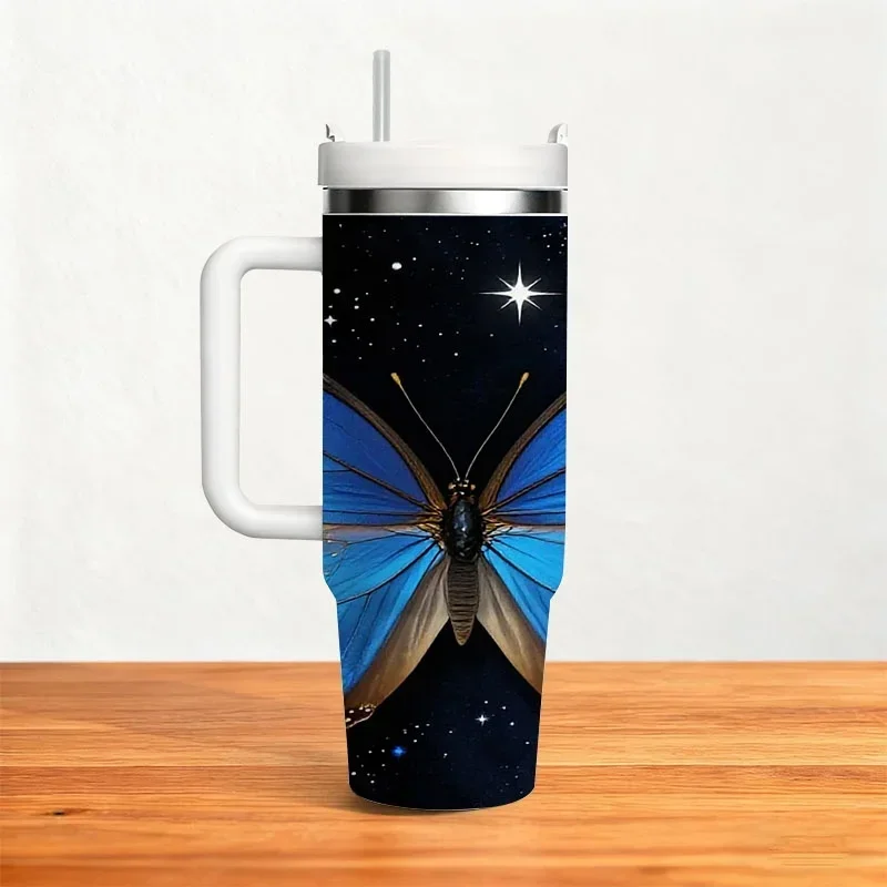 Starry Sky Blue Butterfly Digital Print 40oz Stainless Steel Insulated Tumbler, Reusable Thermal Cup for Keeping Drinks Hot or Cold, Ideal for Daily Commute, Office Use & Outdoor Travel