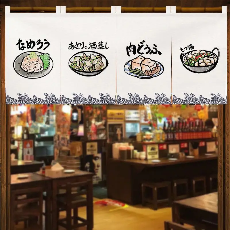 VIKAMA Noren Triangle Door Curtain Japanese Food Print Wave Long Strap Valance For Restaurant Kitchen Divider Japanese Decor