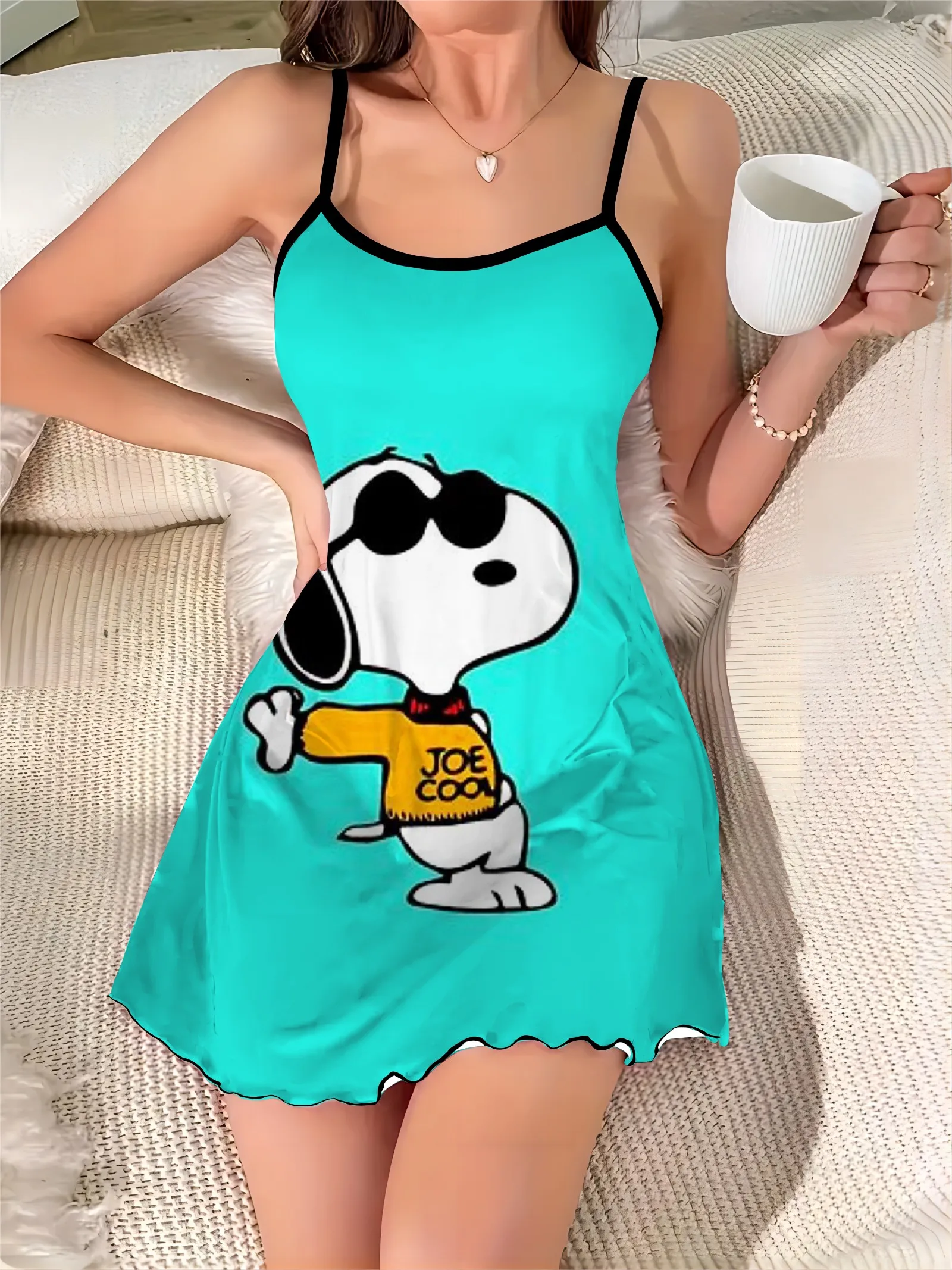 

Snoopy Elegant Dresses for Women Satin Dress Lettuce Trim Crew Neck Fashion Summer 2024 Chic Mini Sexy Trim Neck Slip Dress Home