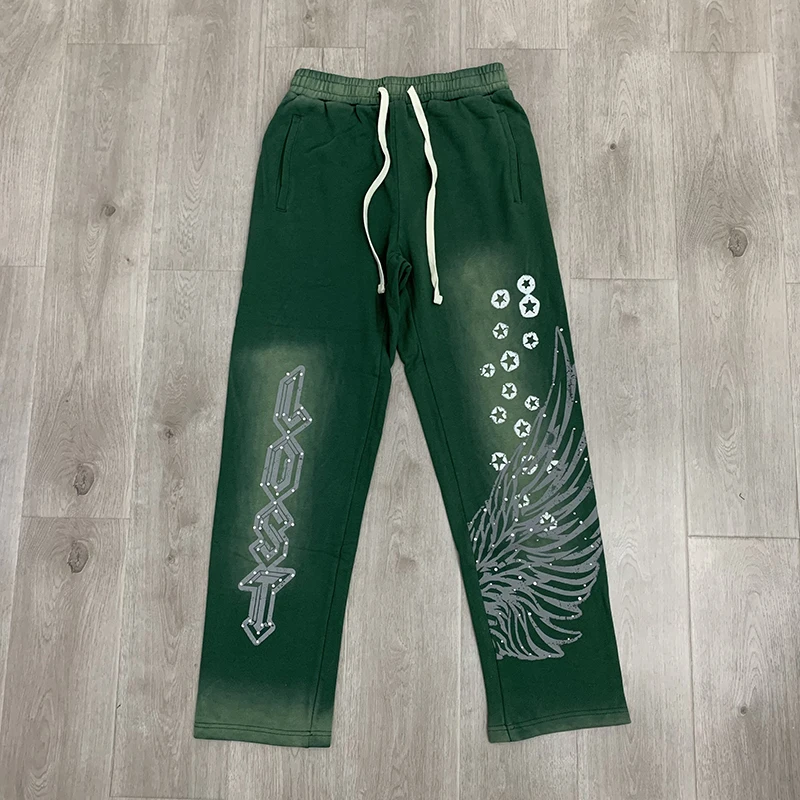 

Lost Intricacy Wing Print Washed Rhinestone Street Style Unisex Oversized Casual Pants