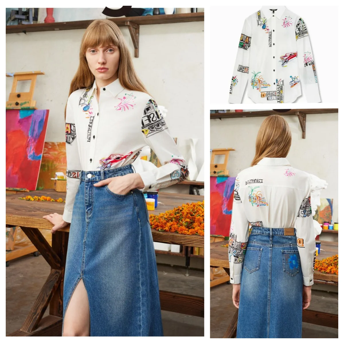 

Spanish foreign trade new designer fashion style loose print lapel long sleeve women's shirt