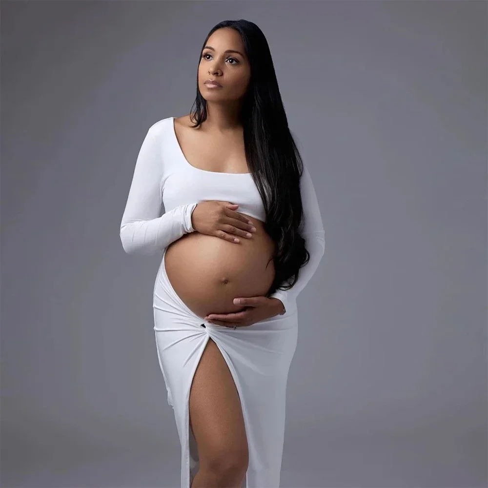 

New Maternity Photoshoot Square Neck Hollow Cutout Women's Sexy Spice Girl Waistless Pregnant Woman Collar Solid High Slit Dress