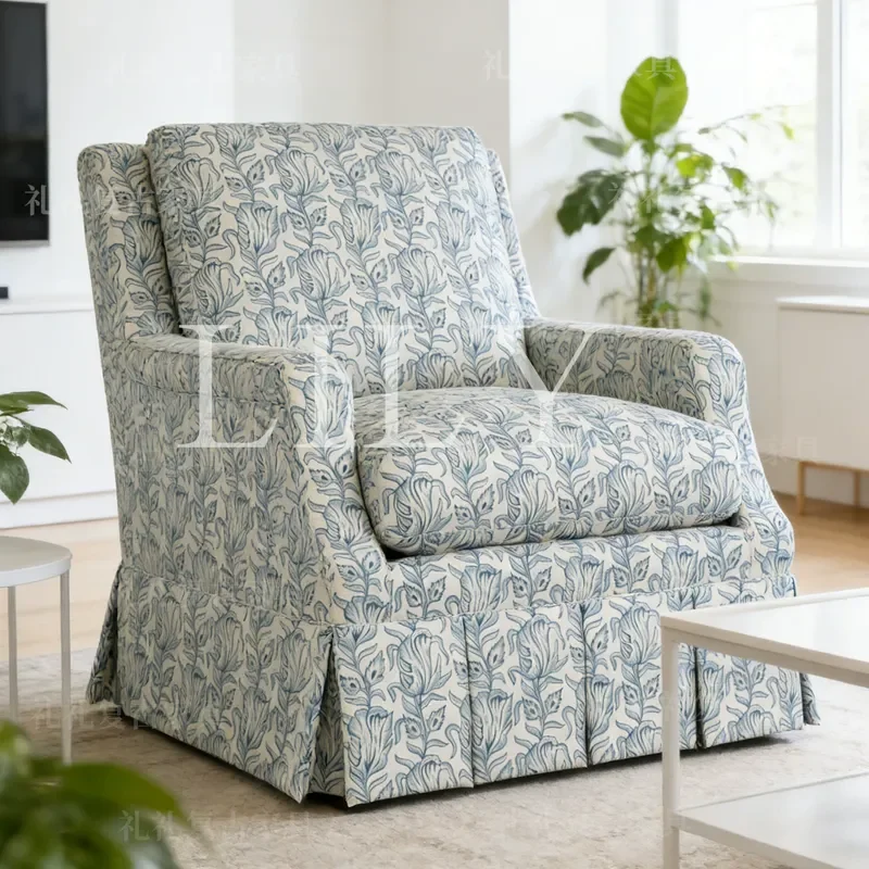 Printed Rotating Single Sofa Living Room Leisure Chair Pastoral Villa Bedroom Armchair