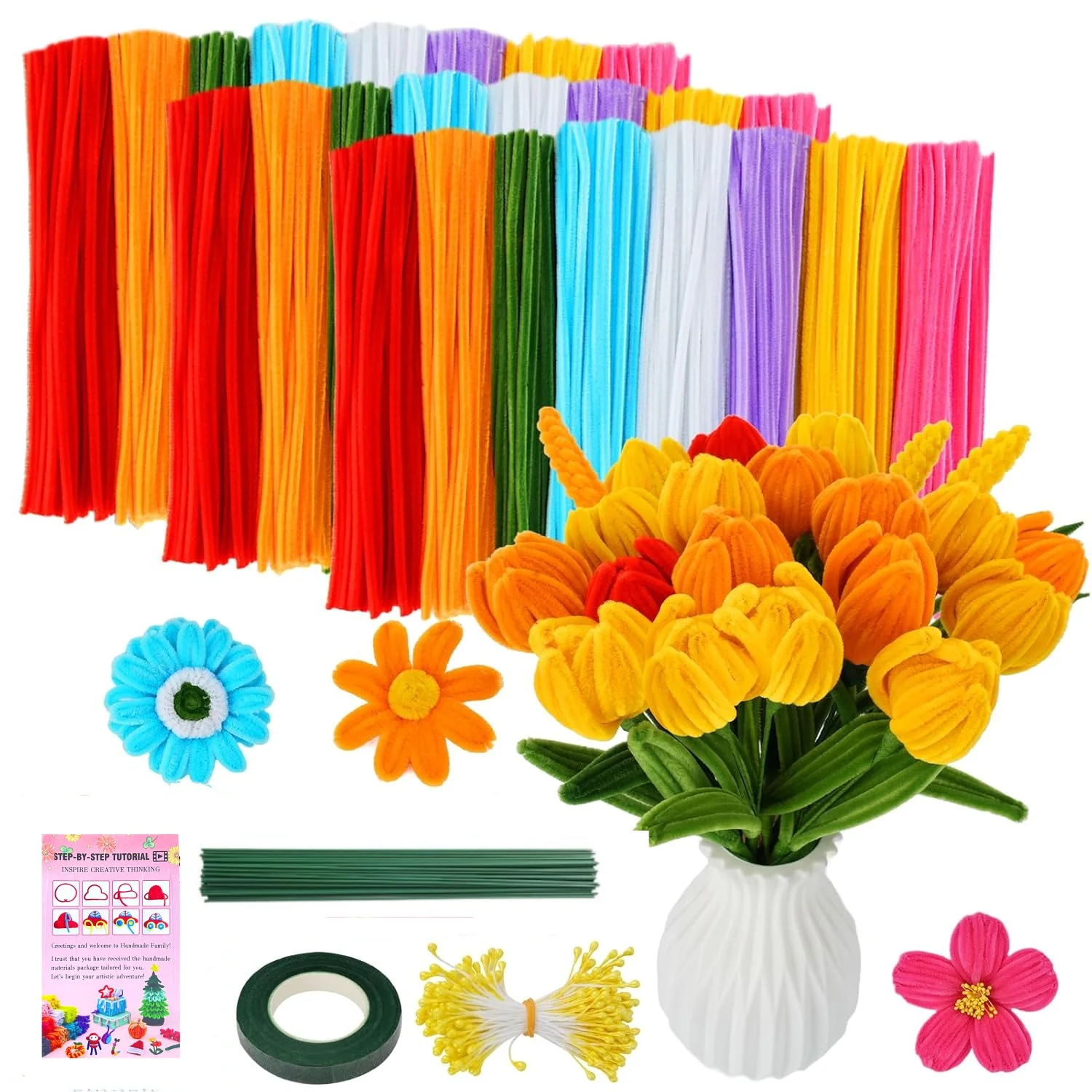 

Набор для творчества из синельной проволоки с инструкцией, синельные стержни для поделок и рукоделия с обучающим руководством, флористические проволоки, лента, тычинки