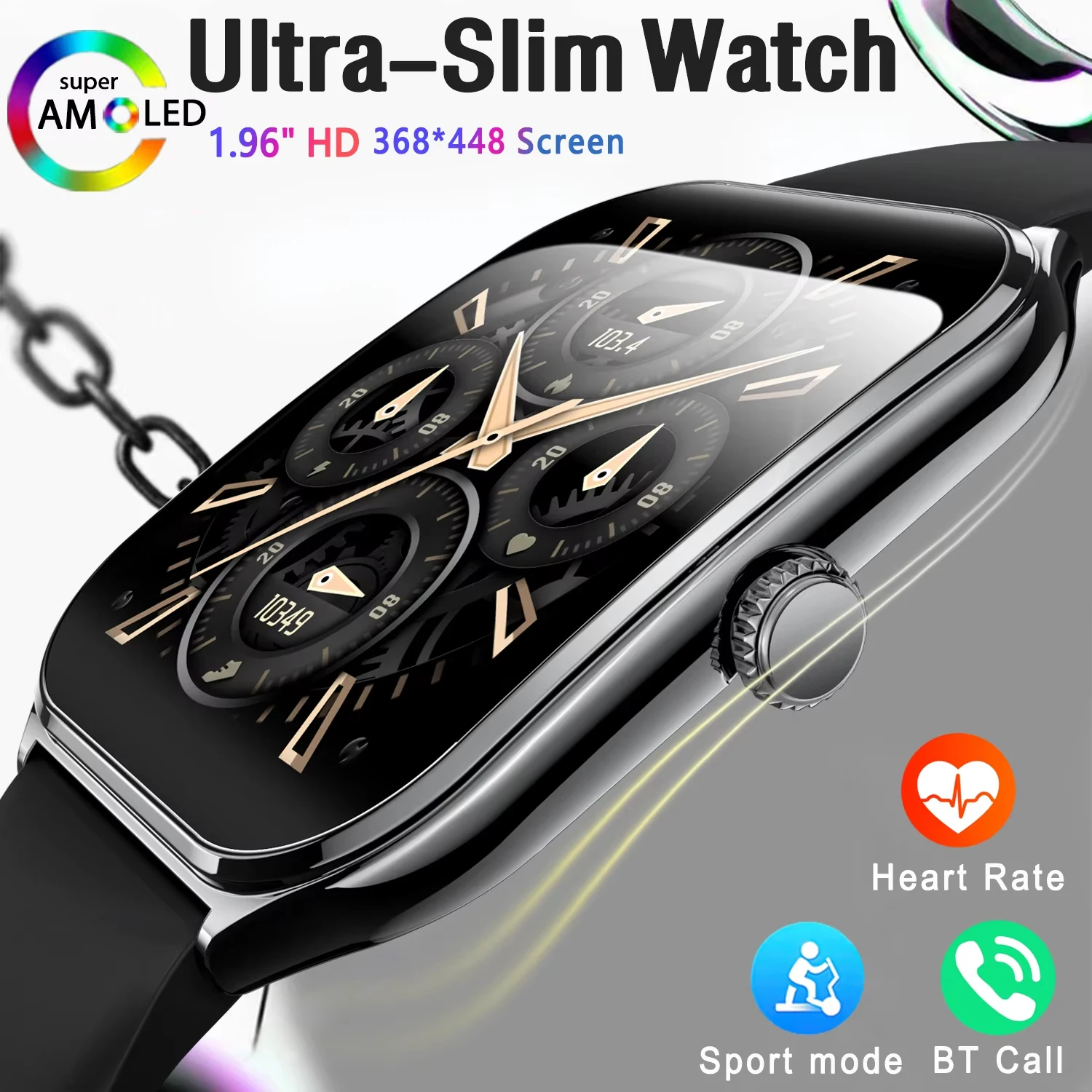 New Slim 1.96 inch Smart Watch AMOLED Screen Always Show Time Heart Rate Waterproof Sport BT Call Men Smartwatch For Android iOS