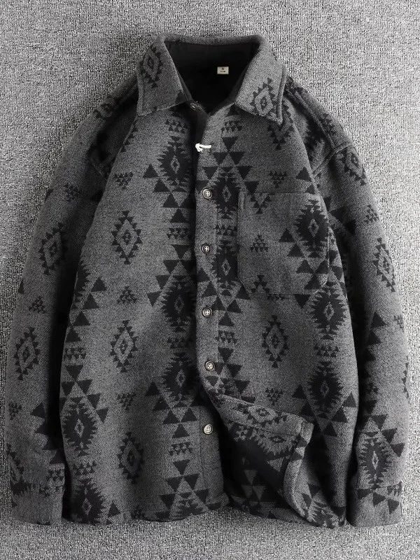 Fashionable Retro American Geometric Print Long Sleeve Men's Shirt Spring Heavyweight Casual Trendy Outerwear Loose Fit