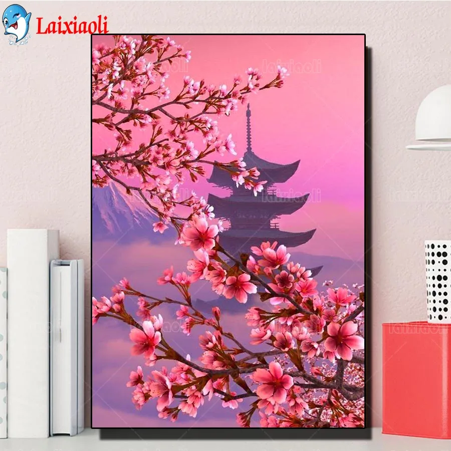 5d Diamond Painting Cross Stitch Fuji Mountain diy Diamond Embroidery Cherry blossom, temple Mosaic new puzzle home decoration