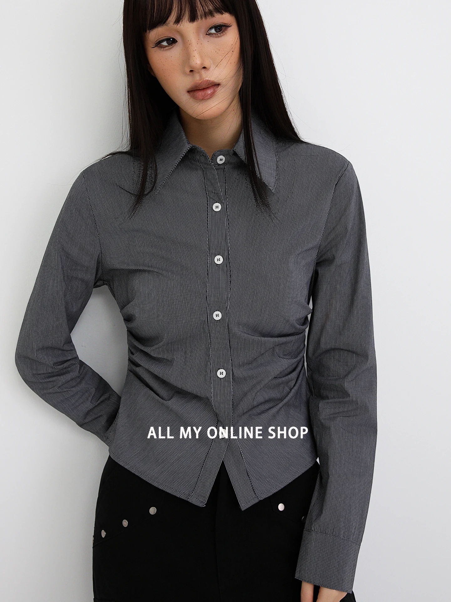 

Slim Fit Long Sve irt Women's Folded ort Sle Korean Version Commute Inner Wear Cotton Polyester Blend Slimming Effect