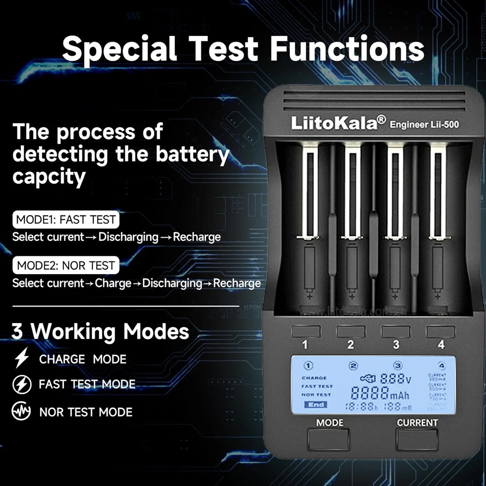 شاحن بطارية Liitokala Lii-500 NiMH مع شاشة LCD لـ 18650 18350 18500 17500 21700 26650 AA AAA 1.2V