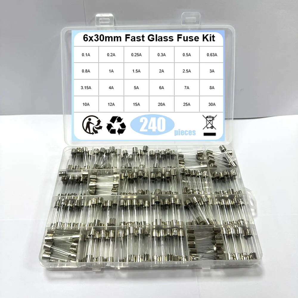 

240 шт./кор., 24 значения, 6x30 мм, комплект быстрого стеклянных предохранителей в упаковке, 0,2 А, 0,5 А, 1 А, 2 А, 3 А, 5 А, 6 А, 8 А, 10 А, 15 А/250 В, 6*30, комплект страховой трубки