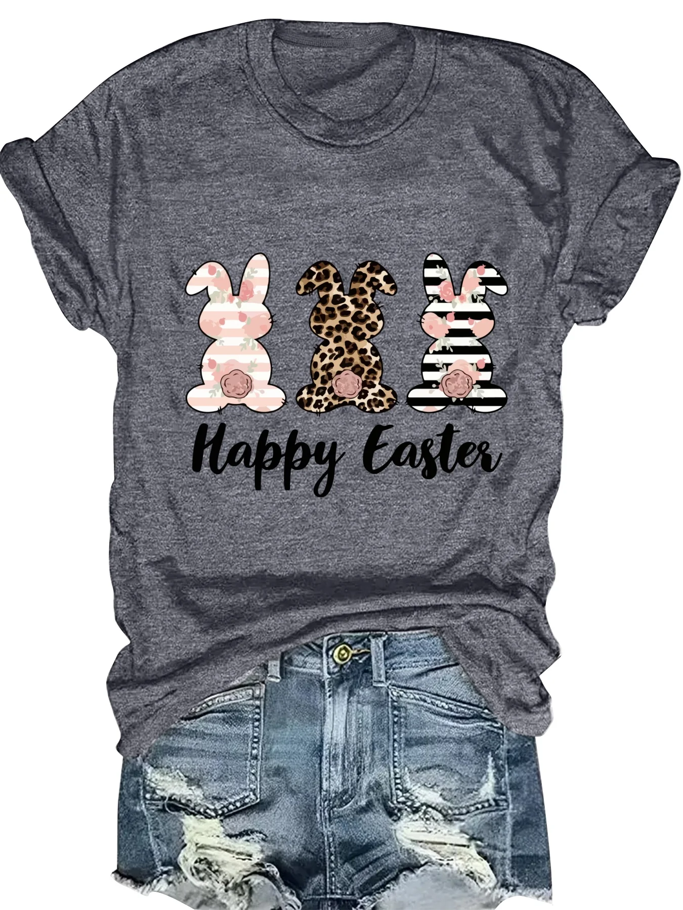 

Fashionable Rabbit Theme Print Ladies Short Sleeve Top Trendy Graphic Design Women's T-Shirt