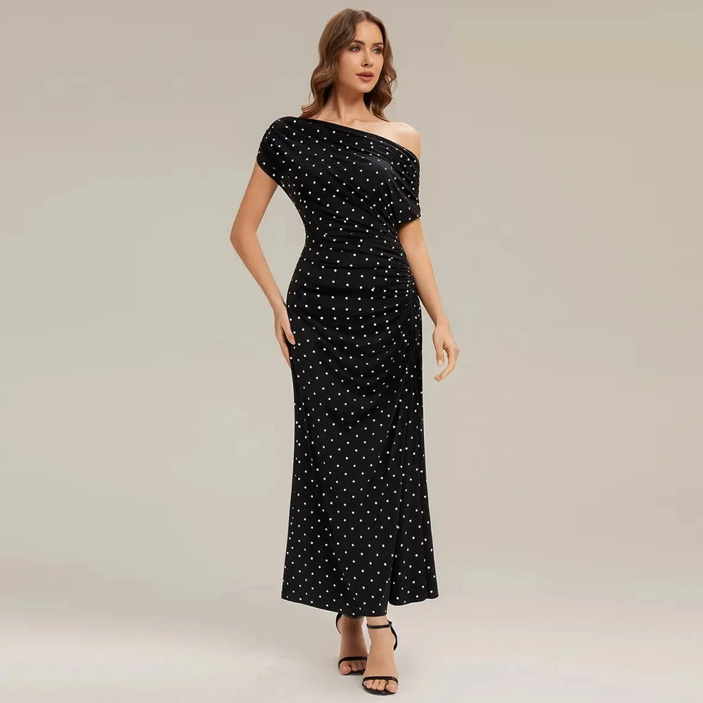 

BAZIIINGAAA Evening Dress Short Sleeves Asymmetrical Shoulder High Stretch Knit Polka Dot Sheath Maxi Wedding Evening Dresse