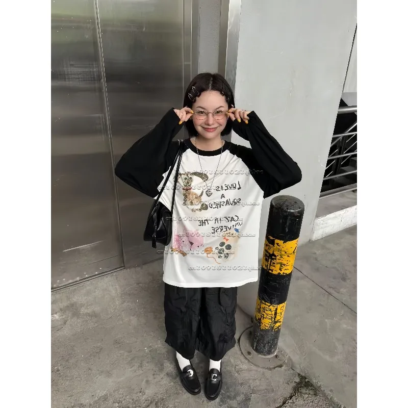 

Korean Chic Lazy Casual Versatile Quick Drying Long Sleeved T-shirt for Women in Autumn, Trendy Graffiti Cartoon 3D Printed Top