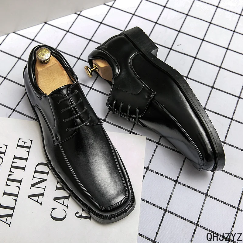 Square Toe High Quality Casual Leather Lace Up Wedding Gentleman Derby Shoes Business Men Dress Shoes 2027