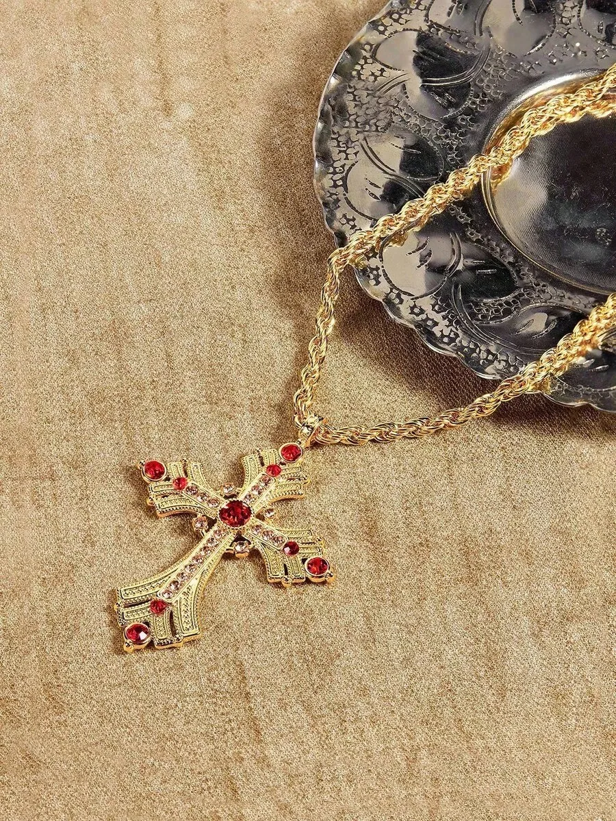 

Золотистое ожерелье с подвеской в виде креста и красными циркониевыми камнями, цепочка в комплекте