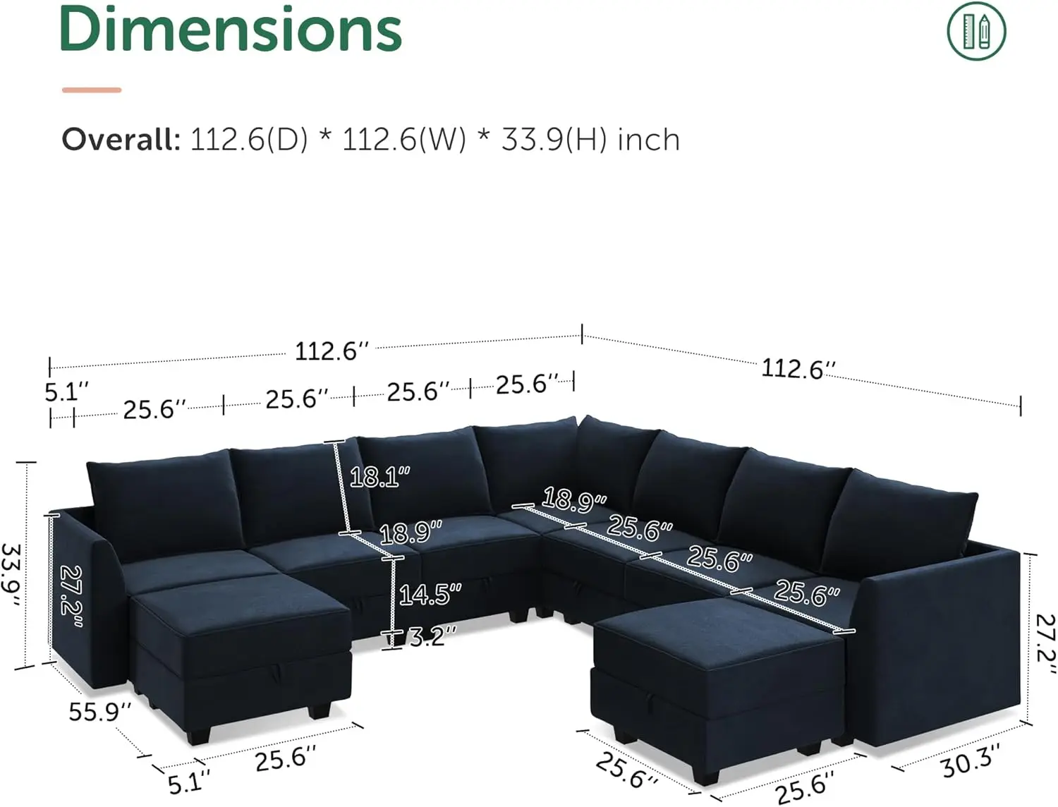 Modular Sectional Sofa Velvet U Shaped Couch with Storage Oversized Sectional Sofa Couch for Living Room Dark Blue