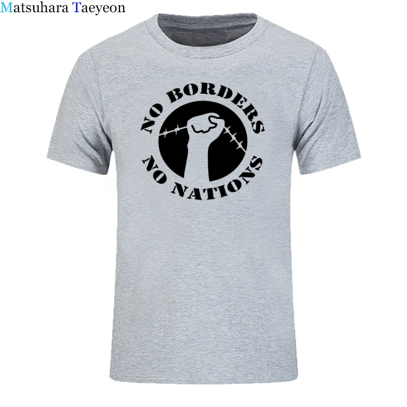 No Borders No Nations ANTIFA Antifascist Anarchy Anarchist T Shirt Loose Cotton Short sleeves T-Shirts For Men Cool T Shirts