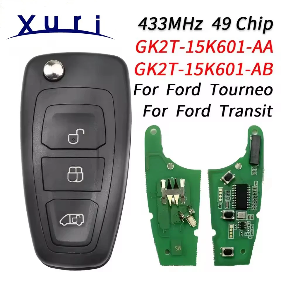 Xuri Flip Remote Control Car Key Fob ID49 Chip HITAG Pro 433MHz FCCID GK2T-15K601-AB/AA For Ford Transit Custom Tourneo 2015+