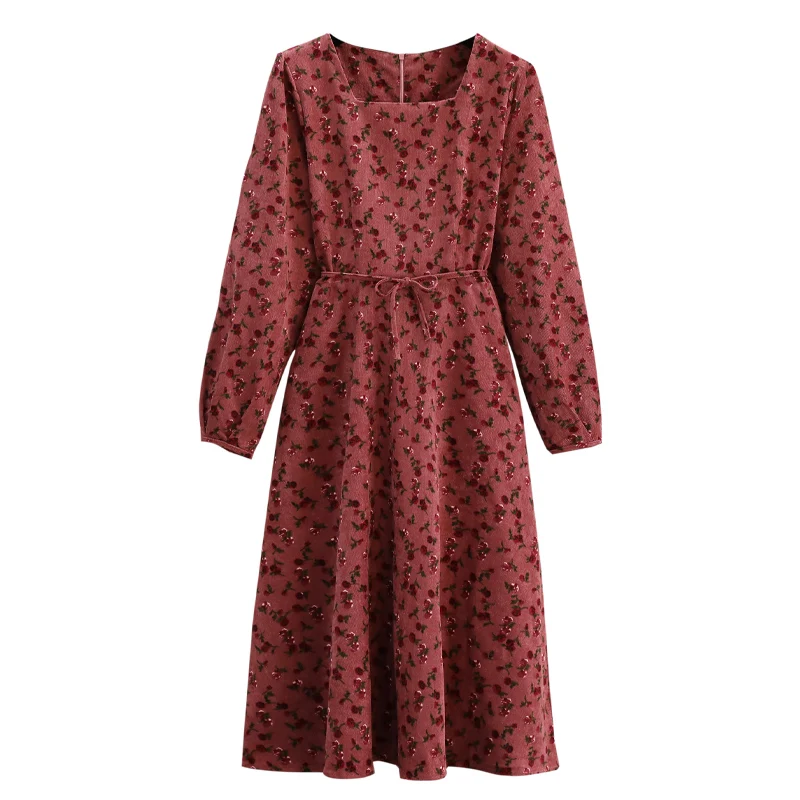 

Floral Print Corduroy Dress For Women 2022 Autumn Winter Long Sleeve Rose Midi Long Elegant Dresses Female Outwear Clothing