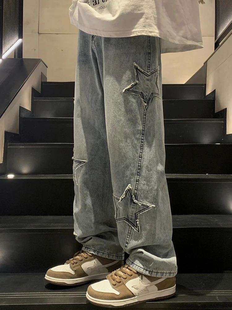 American Style Loose Straight Leg Jeans for Men with Five Pointed Star Patch Autumn Trendy Brand Streetwear Floor Length