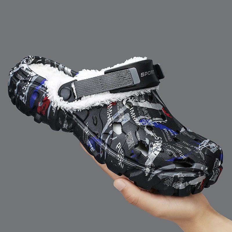 

Winter Men Warm Slippers Furry Garden Shoes Outdoor Comfortable Home Fur Clogs Couple Soft Home Cotton Slippers Plush Slides