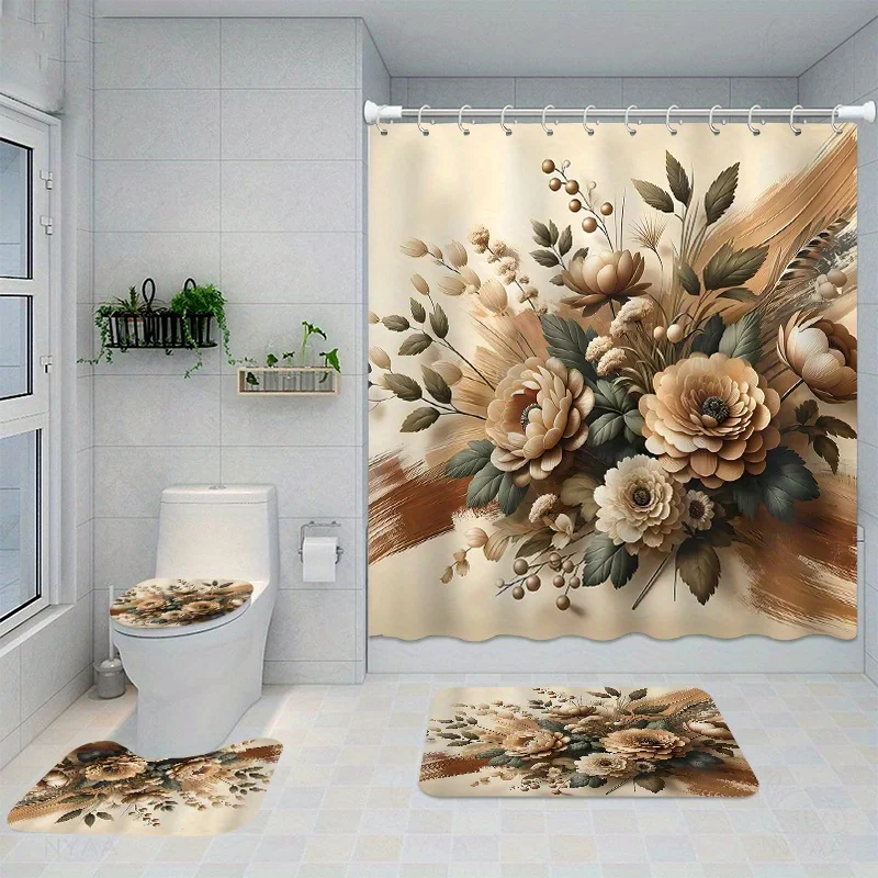 Water-resistant floral shower curtain set with 12 hooks, non-slip bathroom rugs, toilet seat cover, decorative woven polyester