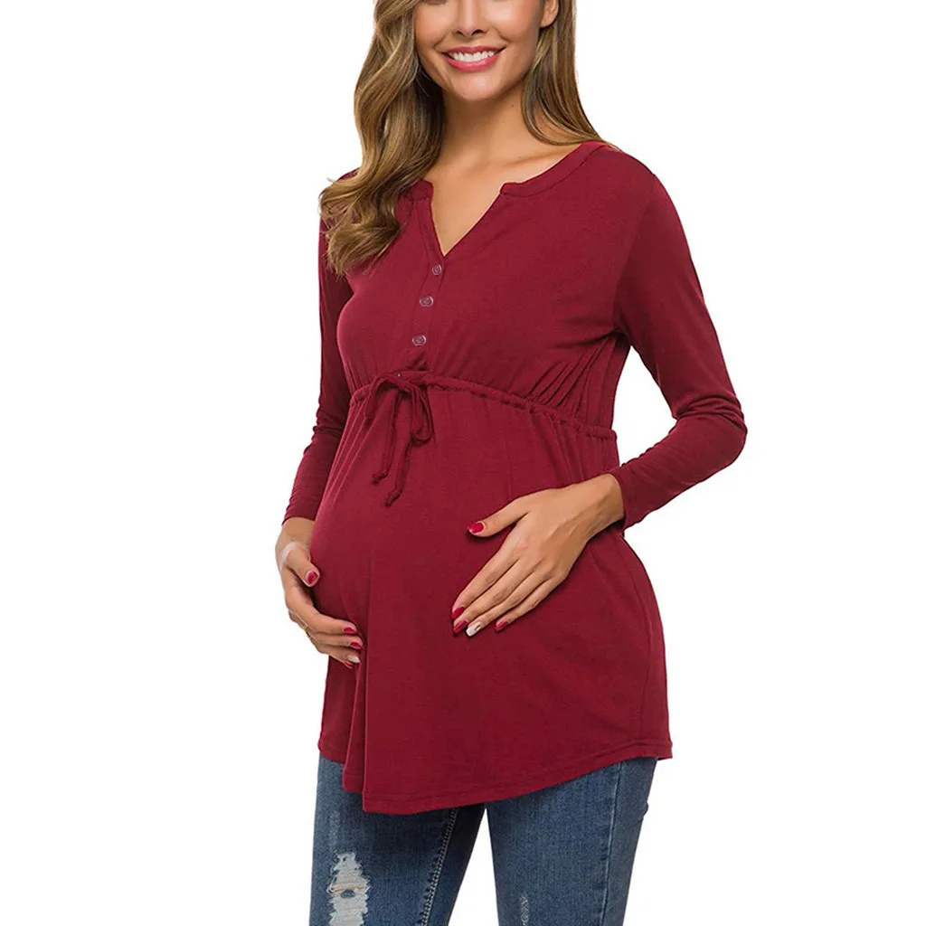 New Maternity Breastfeeding T Shirt Spring Autumn V Neck Solid Color Long Sleeve Plus Size Breastfeeding Top Maternity Wear