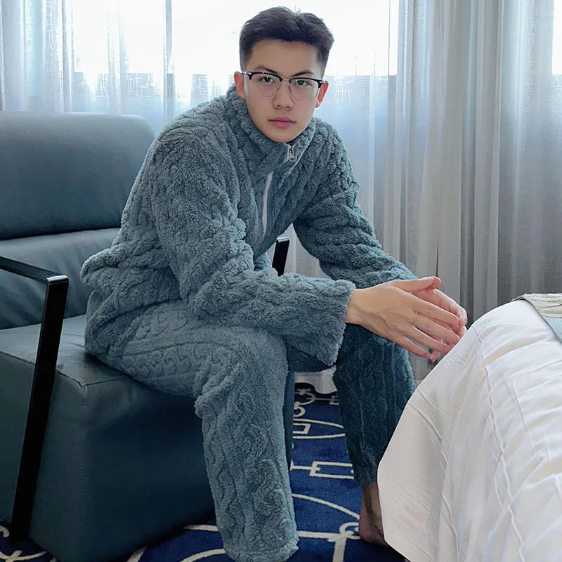 Winter High Collar Men Pajamas Set Sleepwear Thickened Warm High Collar Pijamas Suit Lounge Wear Loose Casual Home Clothes