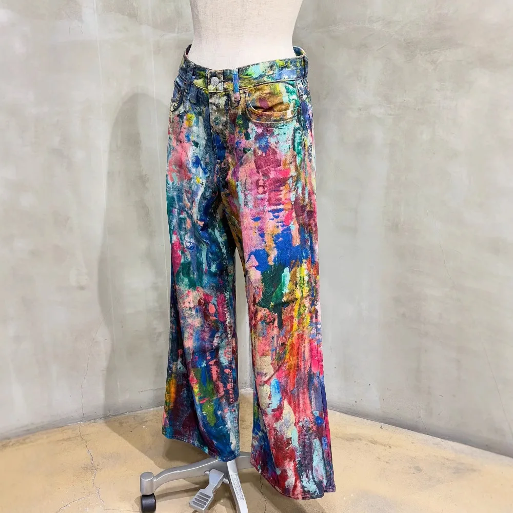 Jeans Women Wide Leg Pants Straight Denim Mom Paint Splash Trousers High Waist Distressed Vintage Floor Length Streetwear 2025