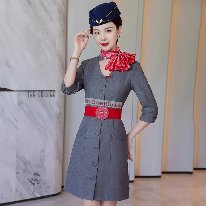 Air Stewardess High Grade Uniform and Hat Summer Fashion Three Quarter Sleeve Robe Dress Flight Attendant Interview Work Clothes