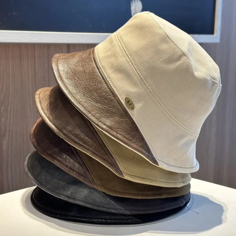 ミニマリストレザースプライシングコットンバケットハットエレガントな女性の太陽の帽子シックなストリートウェア漁師キャップ秋カジュアルアウトドア帽子