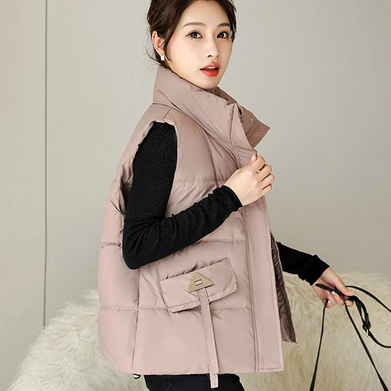 2025秋冬韓国スタンドカラーダウンコットンベスト女性リボン付きカジュアル暖かいノースリーブジャケットシックショートパーカー女性