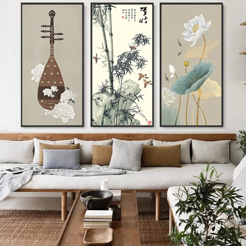 Traditional Retro Chinese Style Lotus Peony Letter Canvas Painting Poster Print Wall Art Picture Living Room Home Decor Cuadros