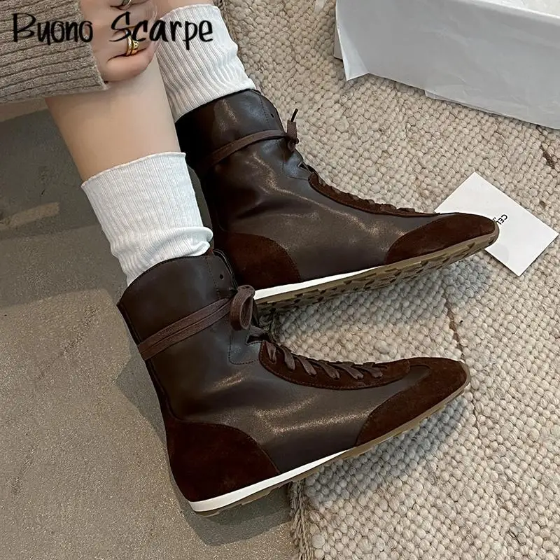 

Luxury Designer Genuine Leather Patchwork Round Toe Thick Bottom Women Boots Lace Up New Fashion Retro Classic Casual Sneakers