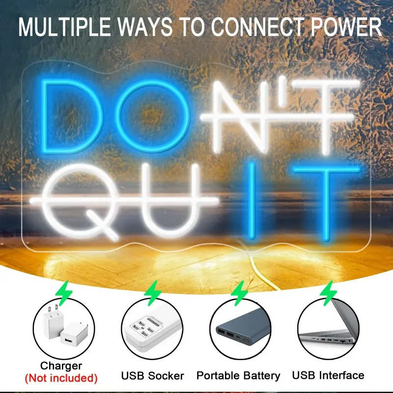 Don't Quit letrero de neón para oficina, habitación, cueva para hombre, sala de juegos, regalo de cumpleaños, alimentado por USB de 5V con interruptor regulable