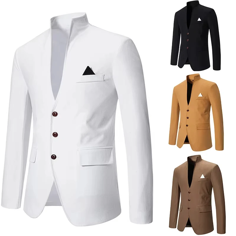 Blazer de negócios confortável masculino, terno fino monocromático cavalheiro, cor combinando com gola em pé, moda casual casamento, x66