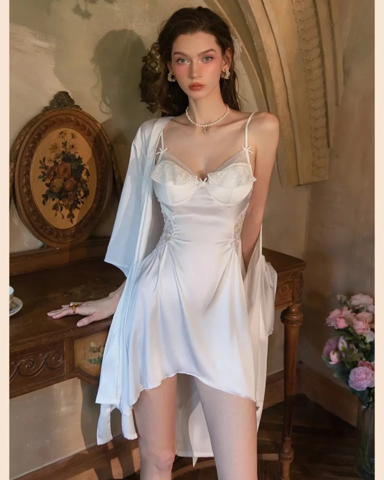 French Style Sexy Advanced feeling and pure desire Lace Deep V Nightgown with Padded Cups Strappy Back Irregular Hem Sleep Dress