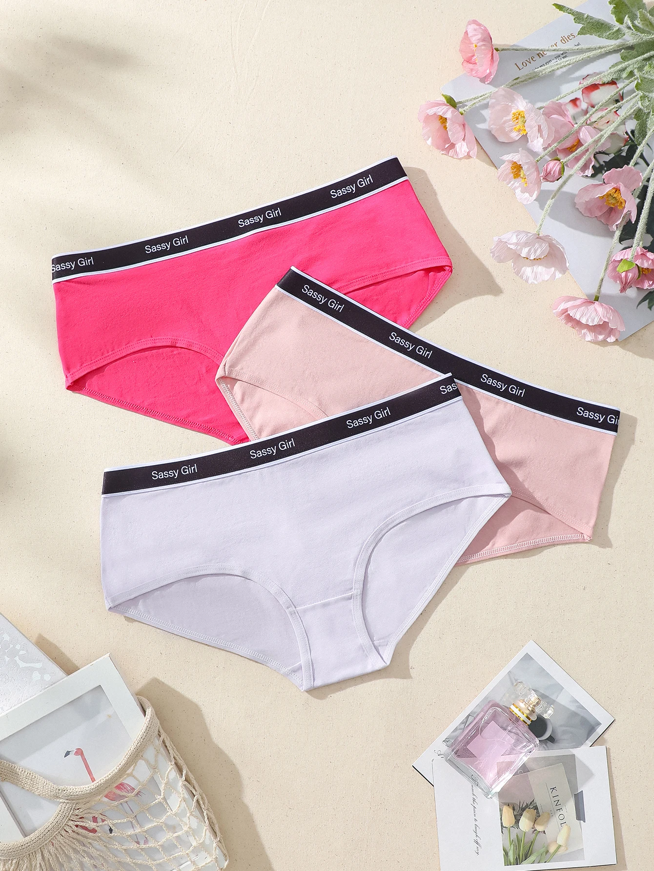 Paquete de 3 bragas de algodón puro para mujer, con cintura tejida en color aleatorio, agradable al tacto y que se adapta a la cintura.