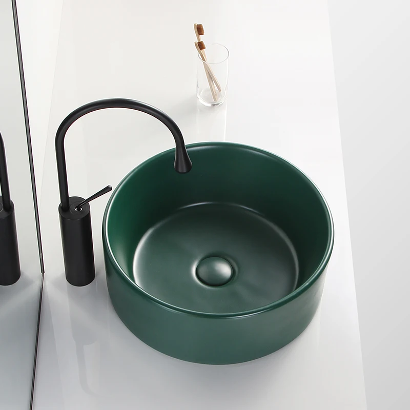 

Modern light luxury dark green black matte countertop basin round bathroom washbasin household washbasin ceramic countertop basi