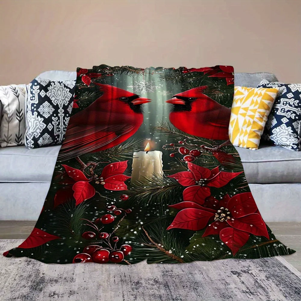 1pc Winter Floral & Cardinal Bird Printed Throw Blanket,  Ultra‑Soft Fluffy Machine‑Washable Polyester Blanket