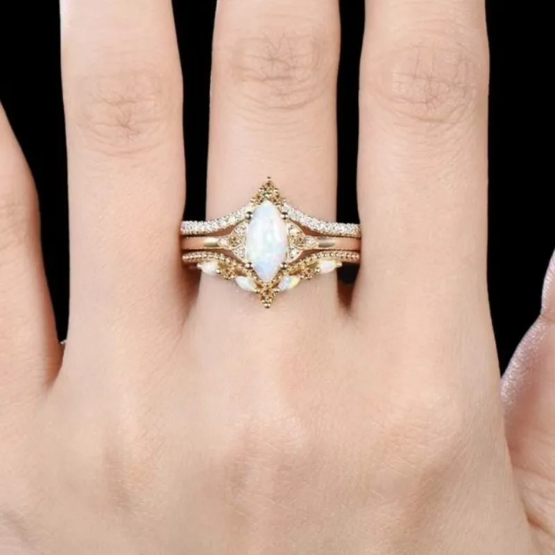 

New Exquisite Alloy Inlaid Marquise Opal Ring - Rose Gold Three-piece Set Women's Sparkling Light Luxury Fashion Stackable Rings