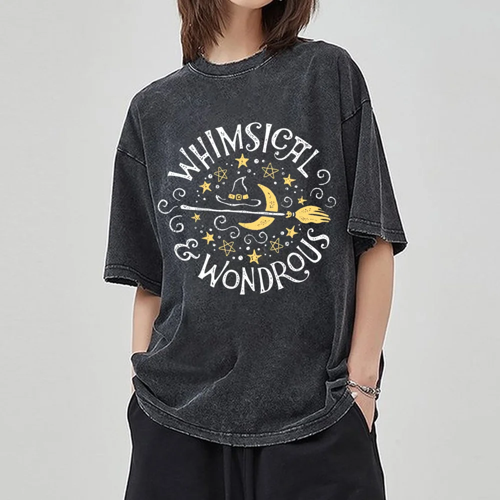 

Magic Theme Letter Print T-Shirt Unisex Style 2024 New Oversize Washed Denim Short Sleeve Vintage Hip Hop Harajuku Top