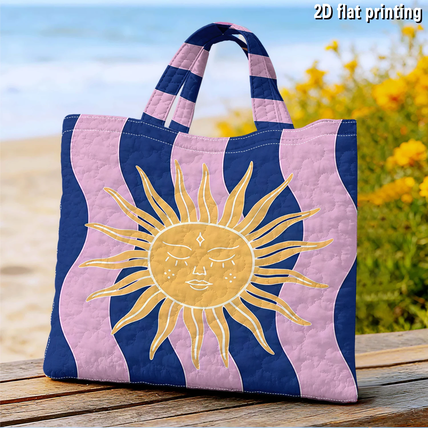 Pastel Wave Sun Large Capacity Canvas Shoulder Bag Dual Side Print Tote Bag Daily Shopping Bag Fashion Gift Handbag