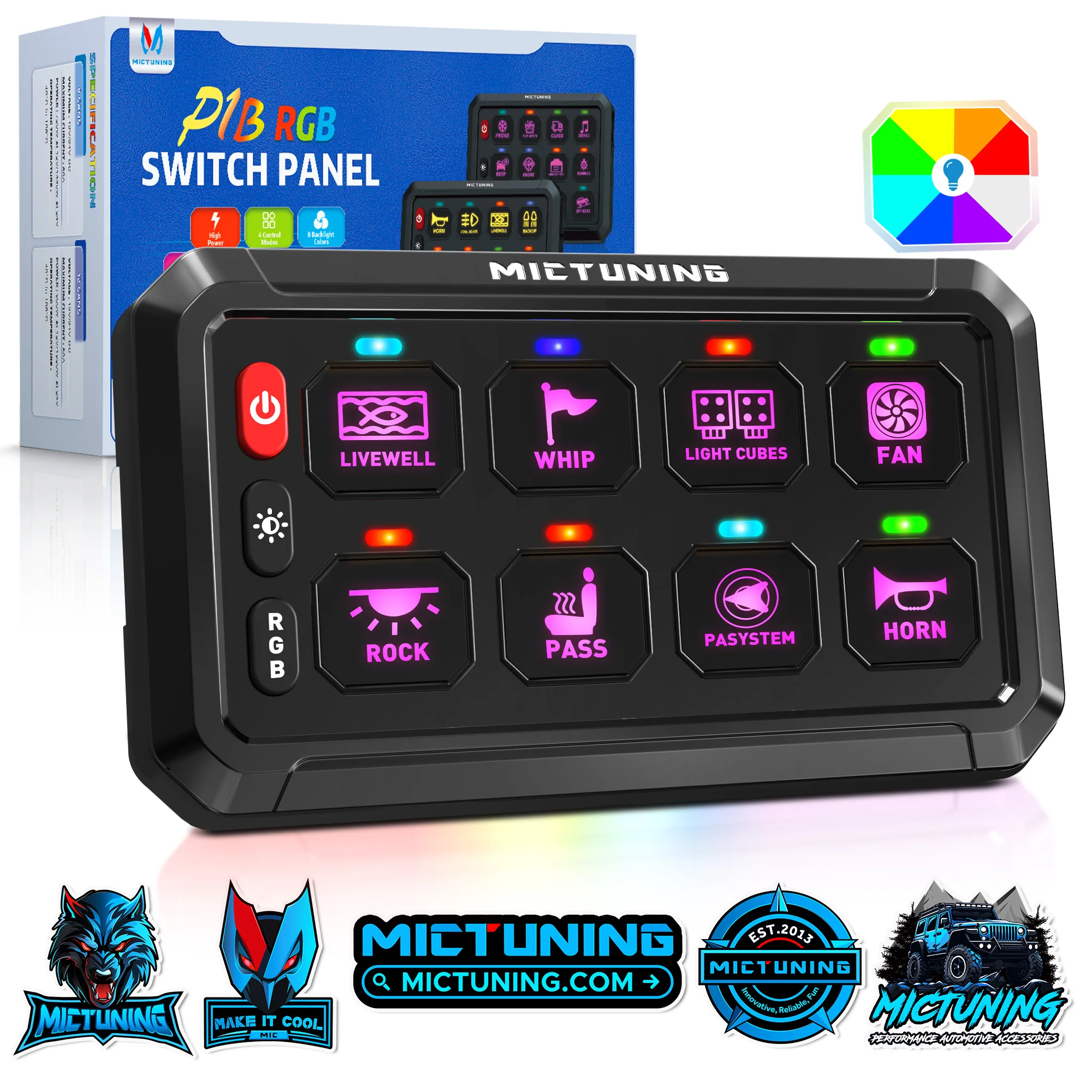 

MICTUNING New P1B RGB 5 Inch 8 Gang Switch Panel with Backlit Off 5-Level Brightness Circuit Control Relay System Box for Truck